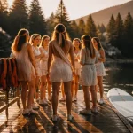 Activités evjf Vosges au bord d’un lac, groupe de jeunes femmes en golden hour