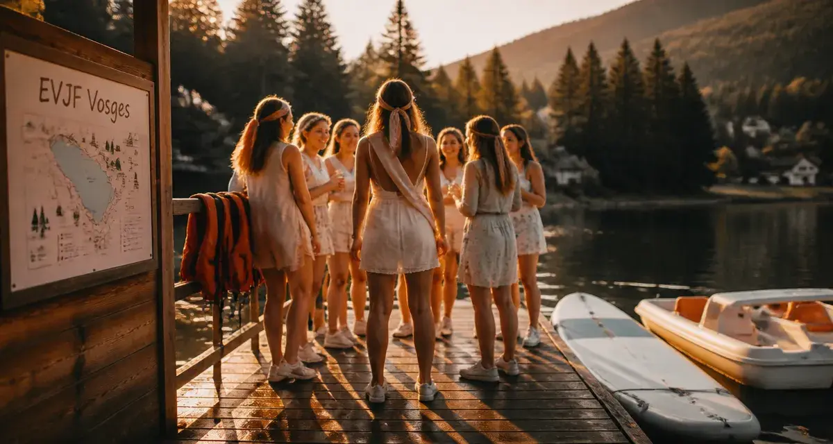 Activités evjf Vosges au bord d’un lac, groupe de jeunes femmes en golden hour