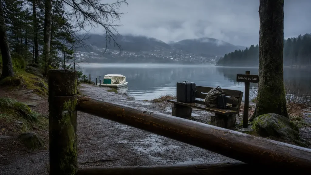 Balade au lac à Gérardmer sous la pluie, sentier et sapins