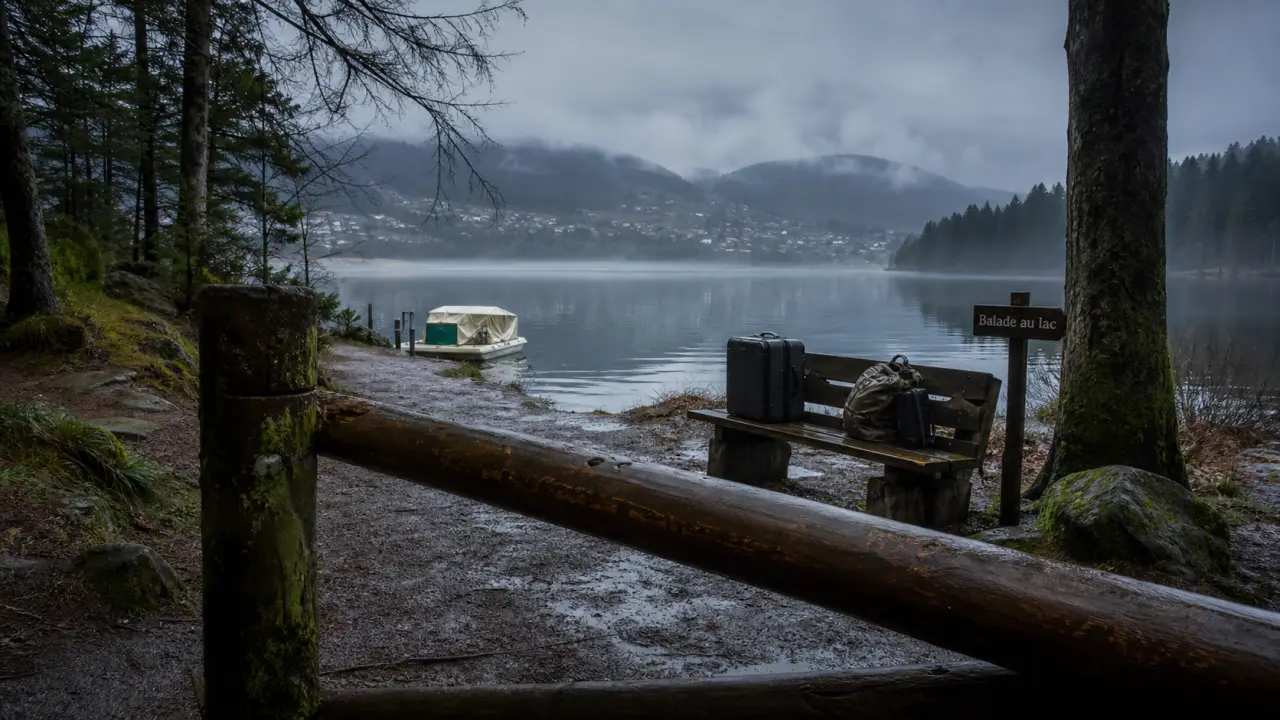 Balade au lac à Gérardmer sous la pluie, sentier et sapins