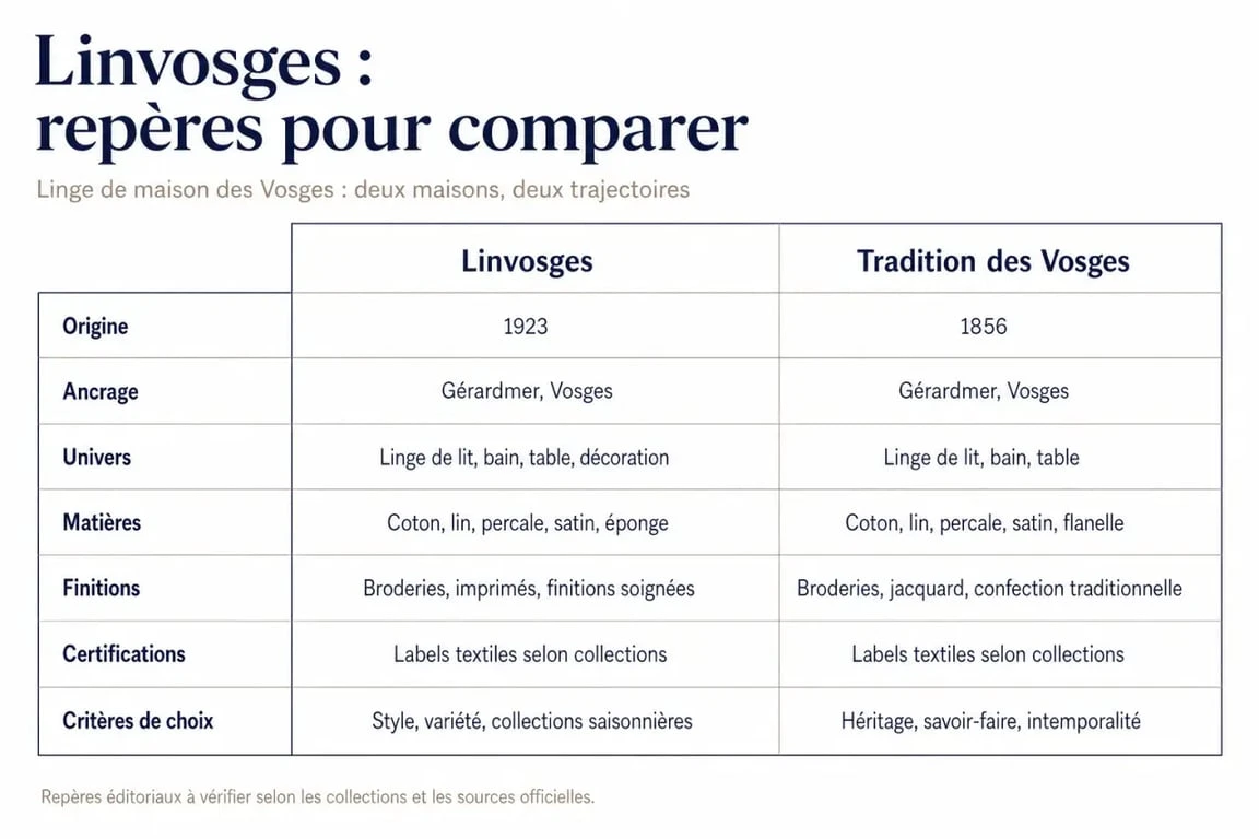 Lins des Vosges : infographie comparative Linvosges et Tradition des Vosges avec années clés et critères de choix