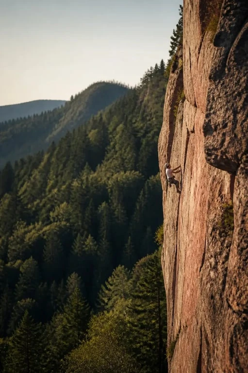 Escalade en Alsace sur une falaise de grès des Vosges, grimpeur en pleine voie