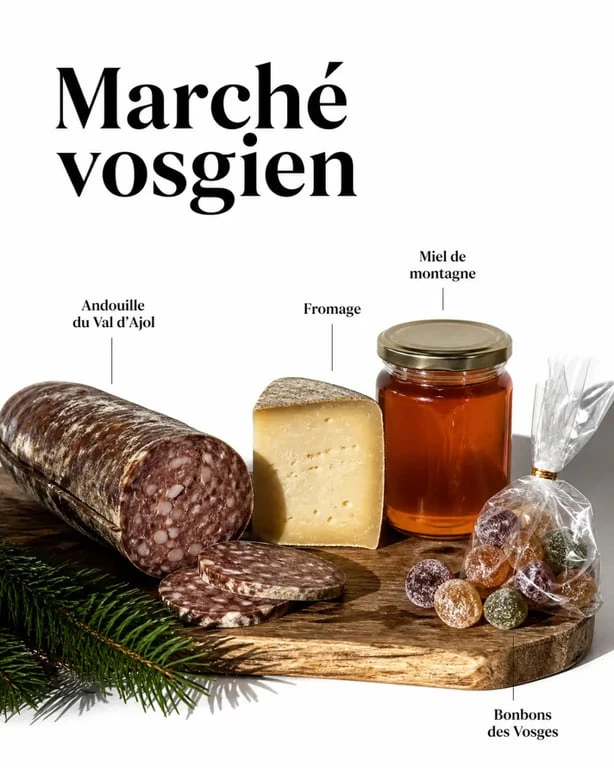 Spécialité des Vosges : produits gourmands du terroir vosgien sur un marché