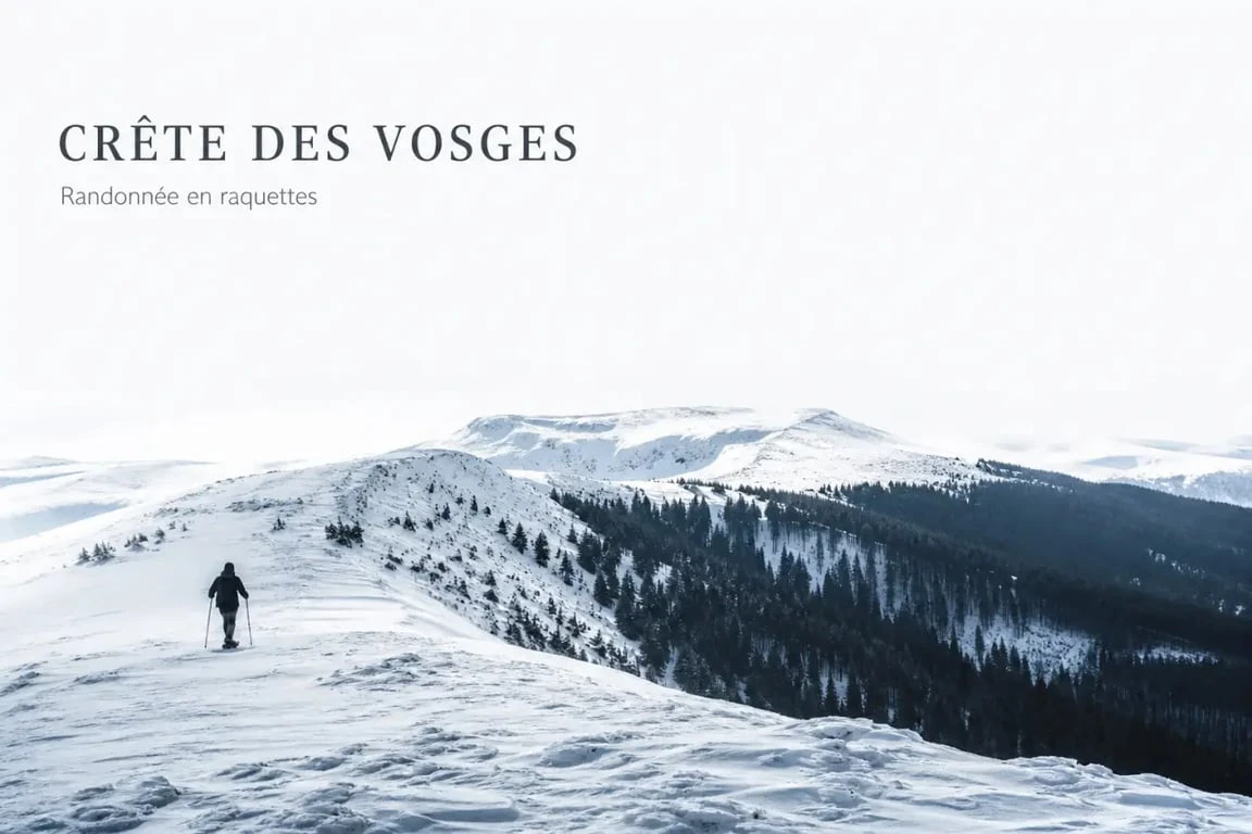 Randonnée en raquette dans les Vosges sur une crête enneigée avec vue panoramique