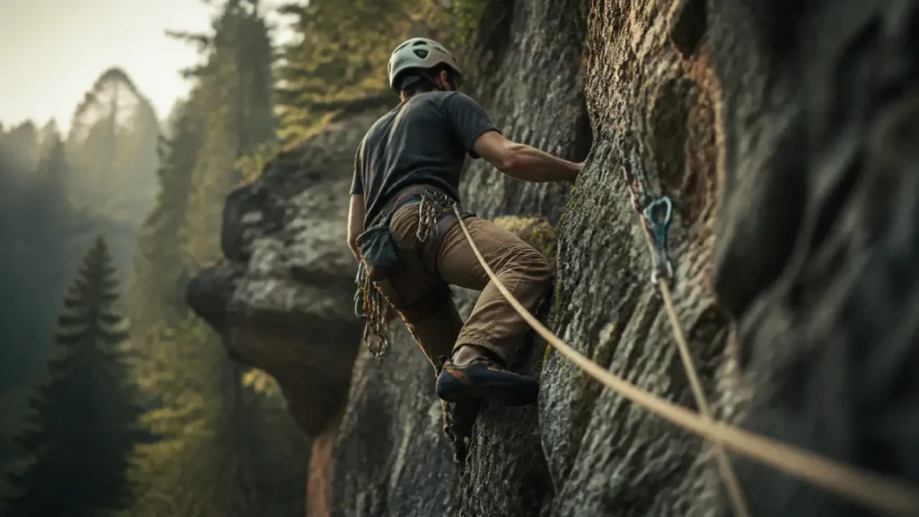 Escalade en alsace : grimpeur sur falaise du massif des Vosges