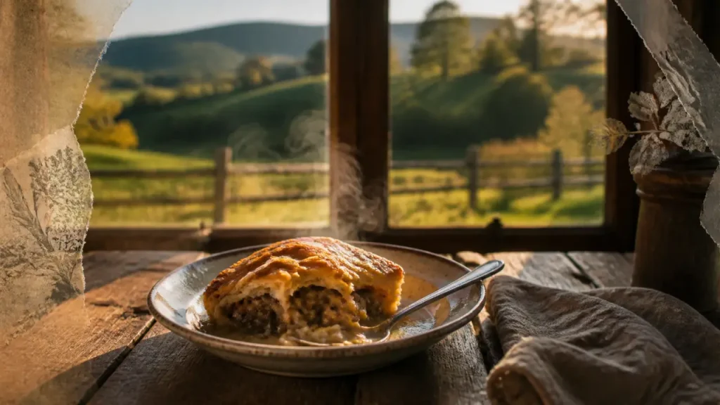 Ferme auberge vosges : tourte fumante marcaire, assiette et terrasse