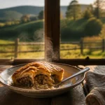 Ferme auberge vosges : tourte fumante marcaire, assiette et terrasse