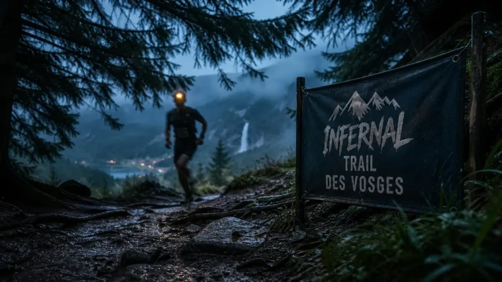 Infernal trail des vosges : sentier vosgien sous la brume, coureur en trail