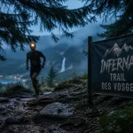 Infernal trail des vosges : sentier vosgien sous la brume, coureur en trail
