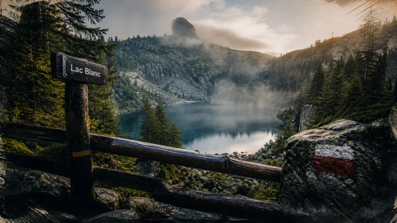 Lac blanc vosges : sentier vers le Lac Blanc, rochers et brume légère