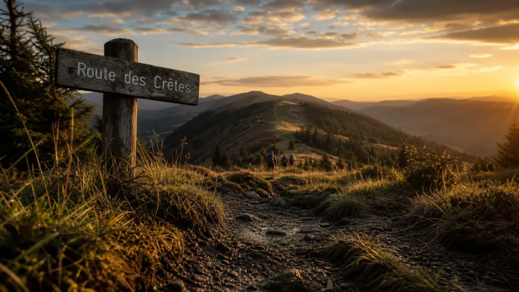 Massif des Vosges, sentier sous-bois et crête au golden hour
