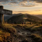 Massif des Vosges, sentier sous-bois et crête au golden hour