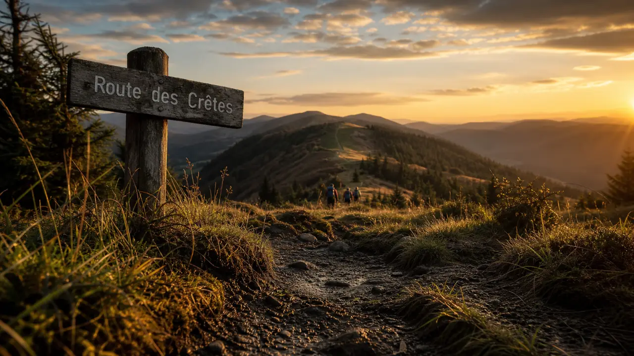 Massif des Vosges, sentier sous-bois et crête au golden hour