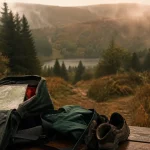 Parc activités Vosges : sac, carte et sentier vers les crêtes en randonnée