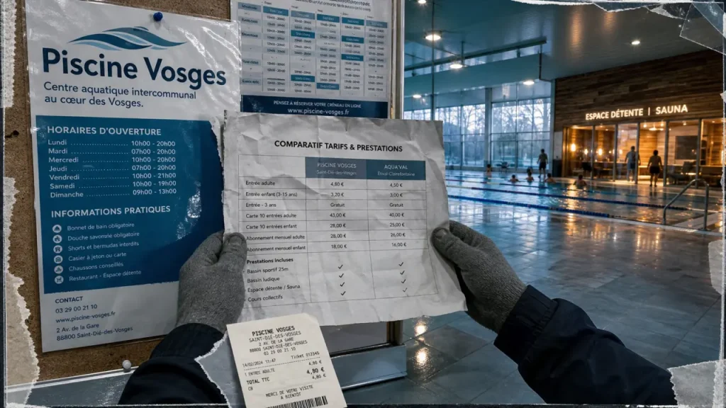 Affiche comparatif piscine vosges : bassin sportif ou espace détente ou piscine familiale, tarifs et horaires