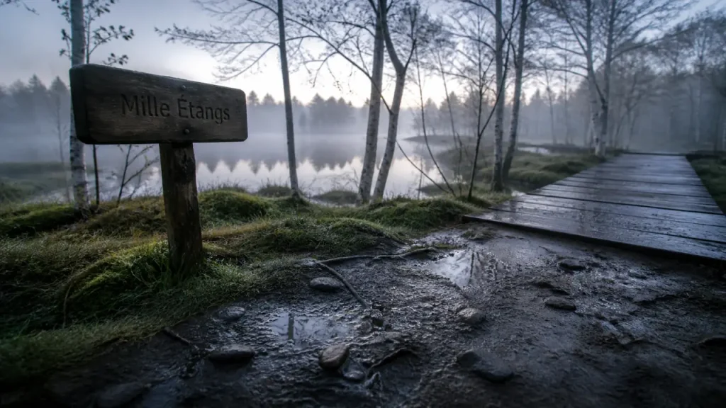 Plateau des mille étangs : sentier brumeux et ponton en bois
