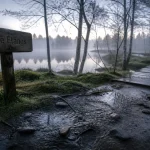 Plateau des mille étangs : sentier brumeux et ponton en bois