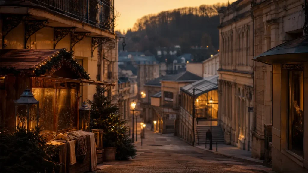 Plombieres les bains : ruelle, balcons et marché de Noël
