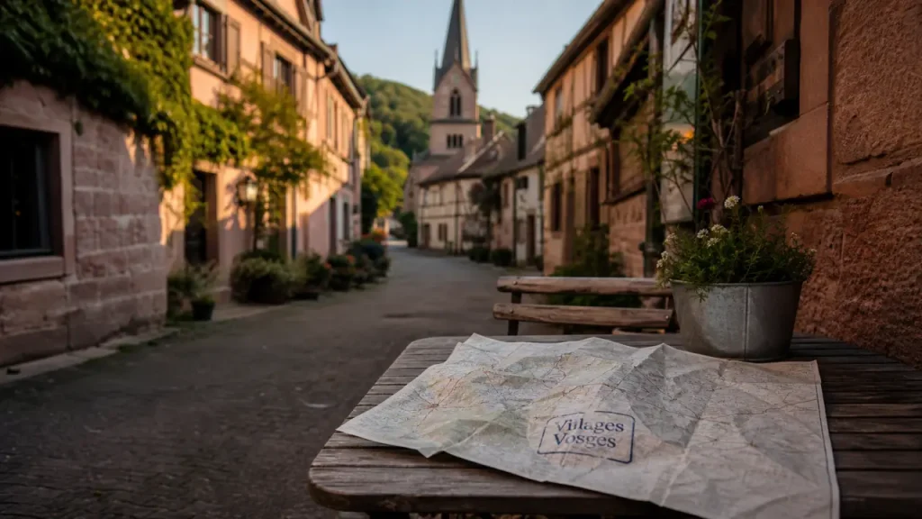 Plus beaux villages vosges : ruelle pavée à colombages et clocher
