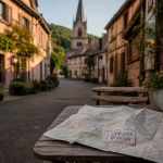 Plus beaux villages vosges : ruelle pavée à colombages et clocher