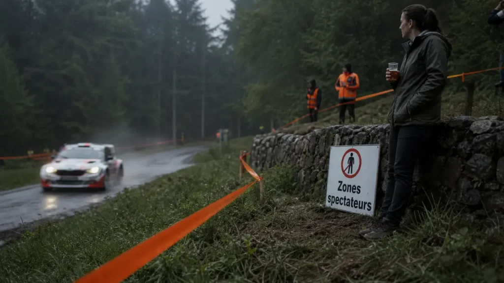 Rallye vosges grand est 2025 : zones spectateurs, rubalises orange et voiture au loin