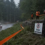 Rallye vosges grand est 2025 : zones spectateurs, rubalises orange et voiture au loin