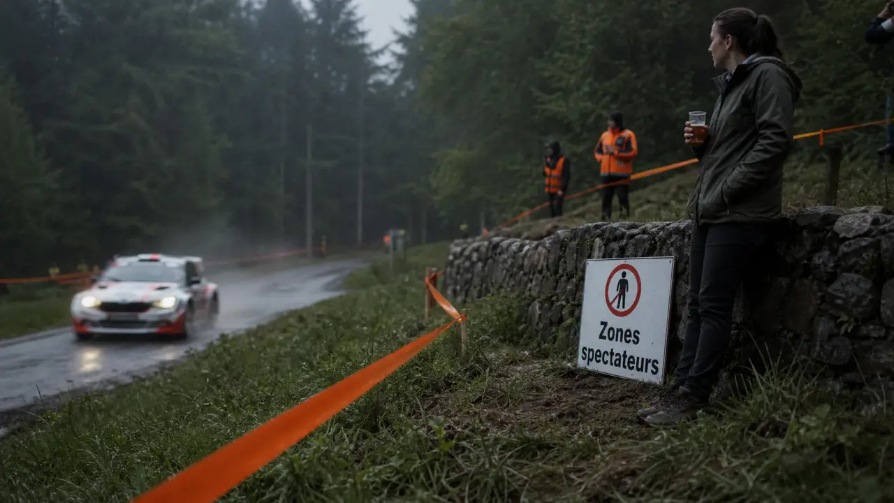 Rallye vosges grand est 2025 : zones spectateurs, rubalises orange et voiture au loin