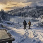 Randonnée en raquette dans les Vosges : marche sur chemin enneigé vers une crête
