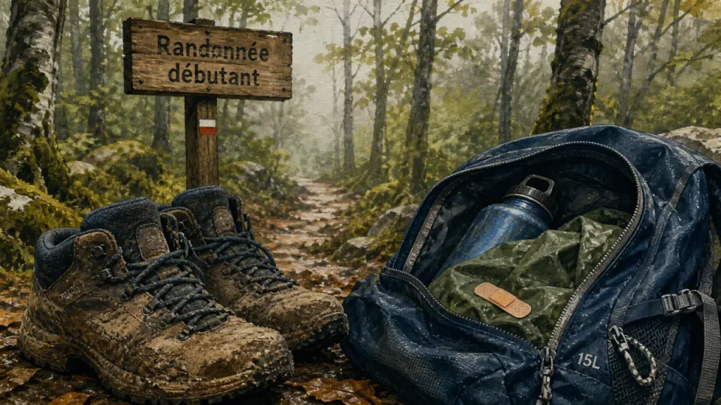Randonnée pour debutant : chaussures boueuses, sac à dos 15 L, sentier en forêt