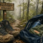 Randonnée pour debutant : chaussures boueuses, sac à dos 15 L, sentier en forêt
