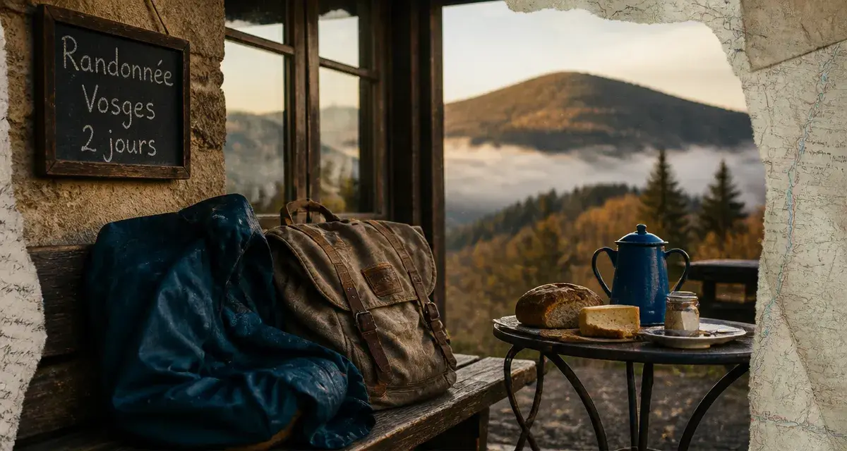 Randonnée Vosges 2 jours ferme auberge : ferme-auberge, crêtes dans la brume et sac de randonnée