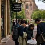 Groupe marche à Saint Die Vosges, carte touristique, cathédrale en arrière-plan