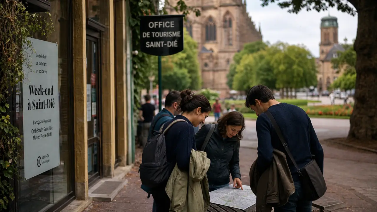 Groupe marche à Saint Die Vosges, carte touristique, cathédrale en arrière-plan