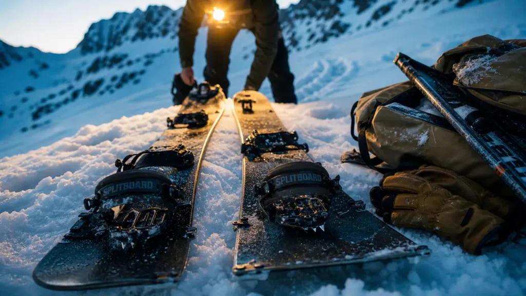 Splitboard snow de rando ouvert avec peaux de phoque et couteaux de montée