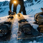 Splitboard snow de rando ouvert avec peaux de phoque et couteaux de montée