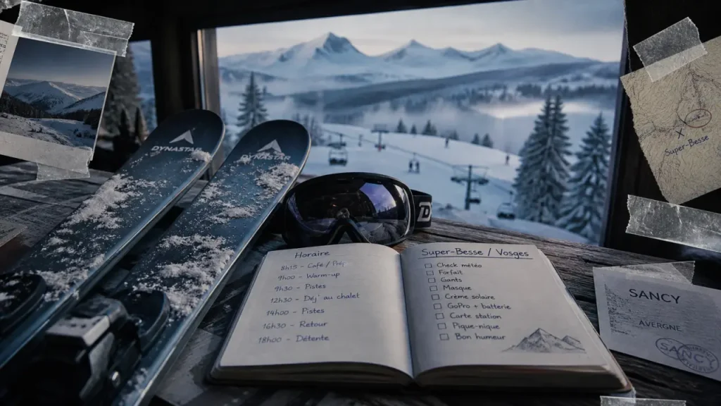 station super besse : skis et masque près de la neige, front de neige et sapins