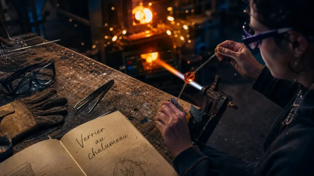 Verrier metier au chalumeau en atelier, verre chauffé et vitrail