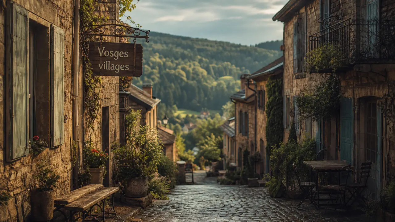 Villages Vosges : ruelle pavée, pierre et terrasse