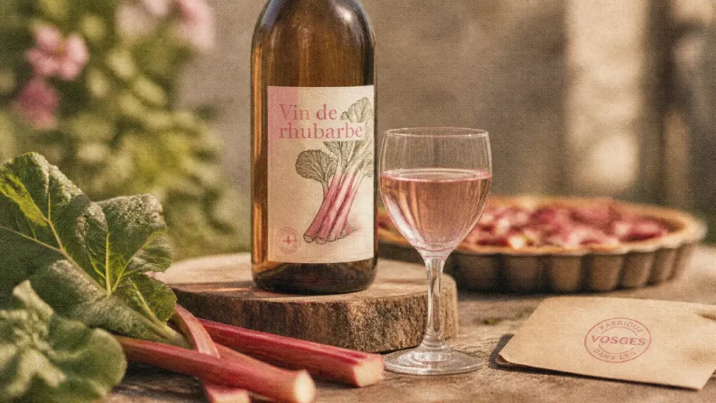 Vin de rhubarbe vosges : bouteille, verre rosé et rhubarbe