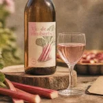 Vin de rhubarbe vosges : bouteille, verre rosé et rhubarbe