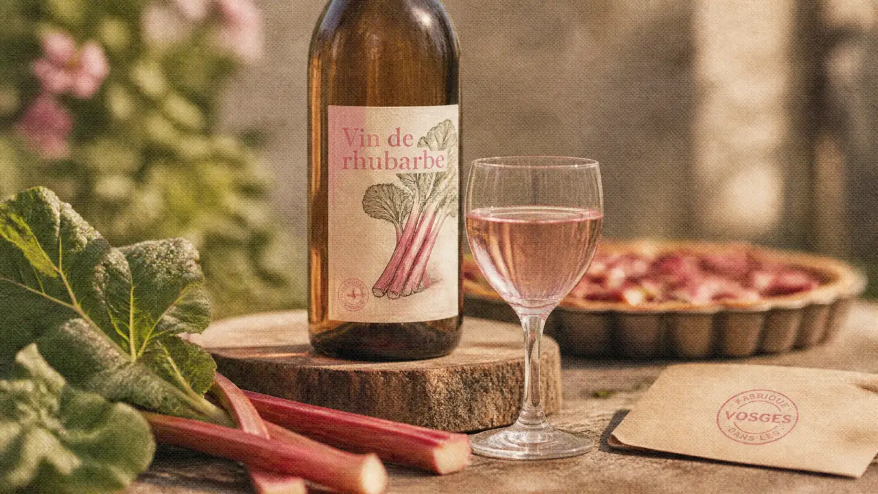Vin de rhubarbe vosges : bouteille, verre rosé et rhubarbe