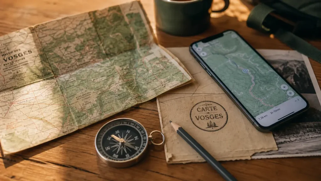 Vosges carte touristique : carte papier pliée, smartphone et brochure