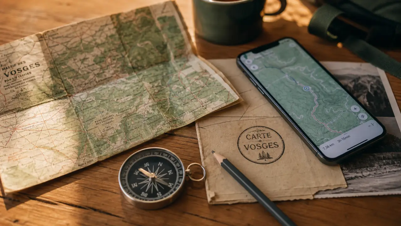 Vosges carte touristique : carte papier pliée, smartphone et brochure