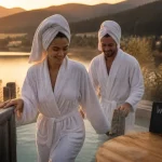 Week end amoureux vosges spa : couple au bain nordique extérieur