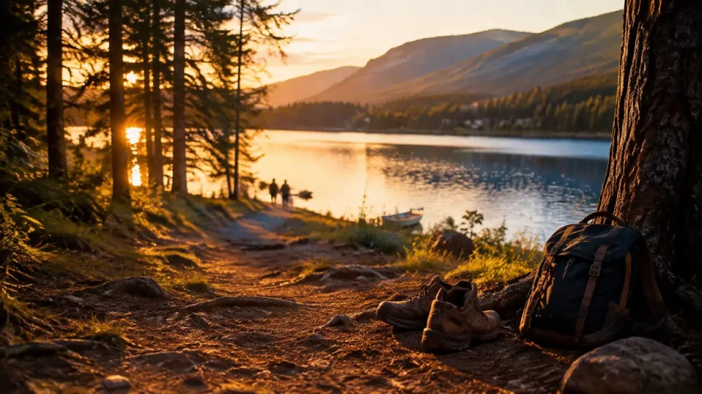 Activité Gérardmer : vue du Lac de Gérardmer en golden hour, randonneurs près de l’eau