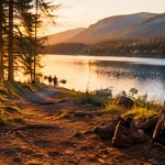 Activité Gérardmer : vue du Lac de Gérardmer en golden hour, randonneurs près de l’eau