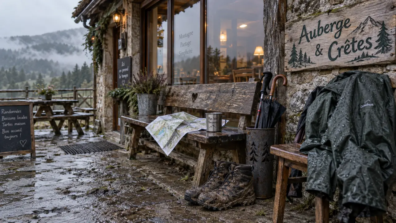 Auberge randonnée Vosges au chaud, banc et bottes de marche