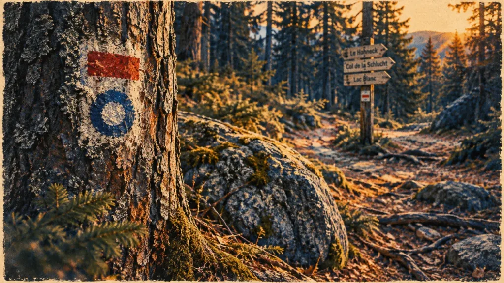 Balisage randonnée Vosges : peinture rouge et anneau bleu sur sentier en forêt de sapins