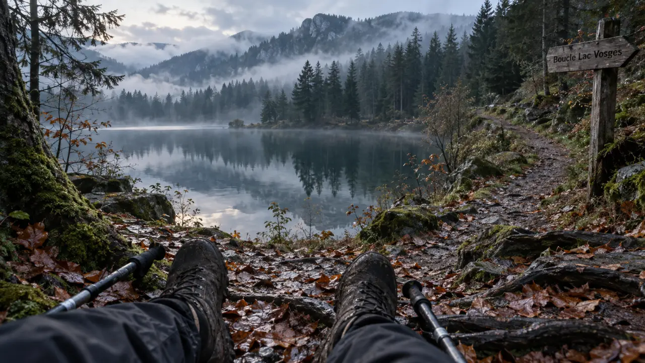 Boucle randonnée vosges : sentier humide vers un lac en forêt