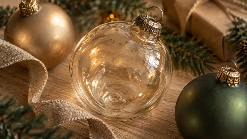 Boule de noël en verre soufflé artisanale alsace sur table en bois